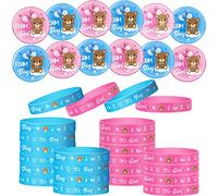 Set de 48 Piezas para Revelación de Género - 24 Alfileres de Botón y 24 Pulseras de Silicona Team Girl Team Boy (Azul, Rosa, Oso)