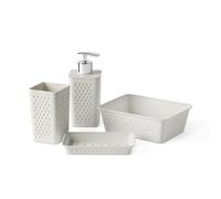 Set de 4pcs Sobremesa de baño (Vaso + Dispensador de jabón + Jabonera + Organizador A6) Bohol, de Polipropileno, Libre de BPA, Plástico 100% Reciclado, Blanco