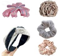 Set de 5 Accesorios para el Cabello: Horquillas Florales de Colores, Gomas con Perlas y Diadema con Pedrería