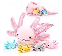 Set de 5 Ajolotes de Peluche 60 cm Axolotl de Felpa de Mamá con 4 Animales de Peluche de Ajolote de Bebé Lindo en Su Vientre Juguete de Axolotl Suave y Tierno para Niño Cumpleaños Graduación (Rosa)