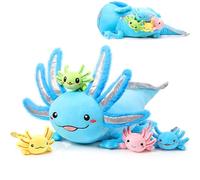 Set de 5 Ajolotes de Peluche 60 cm Axolotl de Felpa de Mamá con 4 Animales de Peluche de Ajolote de Bebé Lindo en Su Vientre Juguete de Axolotl Suave y Tierno para Niño Cumpleaños Graduación (Azul)