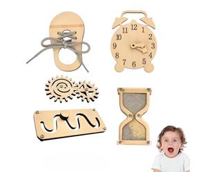 Set de 5 piezas DIY para Busy Board - accesorios sensoriales y de madera: laberinto, reloj de aprendizaje, engranajes, reloj de arena y aprende a atar los cordones - material educativo Montessori.