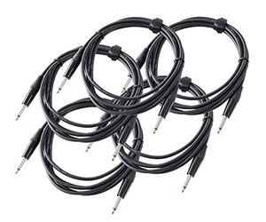 Set de 5 Pronomic Stage INST-3 Cable de Instrumento 3m (jack 6,3 mm, cable de conexión, guitarra, puntas chapadas en oro, alivio de tensión de prensaestopas) negro