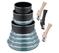 Set de 5 Sartenes Ø18Ø20Ø22Ø24Ø26cm color Verde + 3 Cazos Ø16Ø18Ø20cm + 3 Mangos extraibles color Negro -Aluminio prensado Click&Cook Bergner