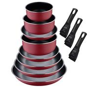 Set de 5 Sartenes Ø18Ø20Ø22Ø24Ø26cm con 2 Mangos extraíbles + 3 Cazos Ø16Ø18Ø20cm con Mango extraible -Aluminio prensado color Rojo Click&Cook Bergner
