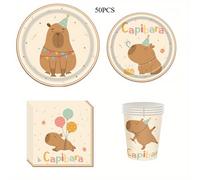 Set de 50 artículos para una de temática de carpinchos, que platos de papel, vasos y servilletas, ideal para decoración de fiestas y de
