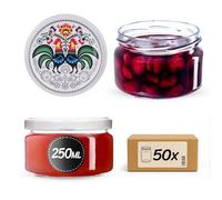 Set de 50 tarros para mermelada KADAX de 250 ml con tapa de rosca Ø 82 mm en forma de gallo - hermético, apto para lavavajillas, ideal para mermelada, chutneys, verduras encurtidas, carne, patés y