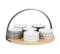 Set de 6 cuencos de cerámica negra y blanca y bandeja de madera de bambú