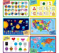 Set de 6 Manteles para Niños, Antideslizantes, Lavables y Reutilizables, Temáticos Educativos de Alfabeto, Números, Formas y Colores, Universo, Mapa para el Hogar, Jardín de Infancia, Aula, Guardería