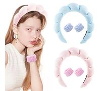 Set de 6 Piezas Muñequeras Diademas Faciales de Spa Diadema de Maquillaje de Cara Suave Envoltura para Cabeza Elástica de Cuidado Piel Banda de Lavar Cara Muñequera para Sudor（Rosa & Azul）
