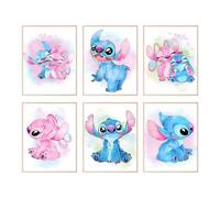 Set de 6 Posters Stitch sin Marco 20x25cm, Laminas Decorativas de Pared Estilo Acuarela para Niños, Decoración Cumpleaños Stitch, Posters para Pared Infantil, Decoración para habitación de niña