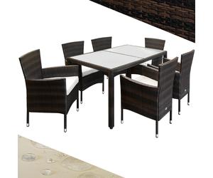 Set de 6 sillas y 1 mesa poliratán marrón apilables cojines