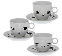 Set de 6 Tazas de té con Plato de Porcelana y con Caras en Blanco y Negro 9x7,5cm, Plato 14cm