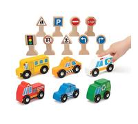 Set de 6 vehículos y 9 señales de tráfico en madera, Juguetes Montessori para niños de 1 año, Juego simbólico educativo, seguro y resistente, Estimula motricidad, imaginación y aprendizaje temprano