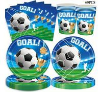 Set de 60 piezas para una de temática de fútbol, que platos, servilletas y vasos
