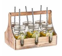 Set De 7 Vasos Con Tapa Y Pajita En Caja De Madera Con Asa De 0,45 L