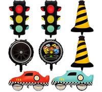 Set de 8 globos para decoración de fiestas de cumpleaños con temática de coches de carreras: globos de papel de aluminio con diseño de semáforo, coche de carreras, neumático y con