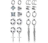 Set de 9 Pares de Pendientes Magnéticos No Perforante Pendientes Colgantes de Plumas de Acero Inoxidable Pendientes de Imán CZ Pendiente de Aro de Cruz con Bisagras