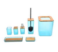 Set de Accesorios de baño de bambú, 7 Piezas: Kit de baño con jabonera, portacepillos de Dientes, Vaso, Cepillo de Inodoro, Cubo de Basura y Bandeja; diseño en bambú y Resina ABS (Verde)