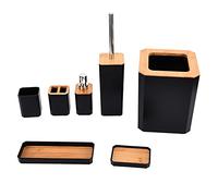Set de Accesorios de baño de bambú, 7 Piezas: Kit de baño con jabonera, portacepillos de Dientes, Vaso, Cepillo de Inodoro, Cubo de Basura y Bandeja; diseño en bambú y Resina ABS (Negra)