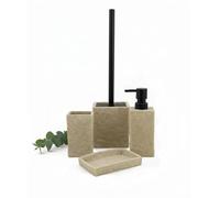 Set de Accesorios de Baño Premium 4 Piezas - Minimalista Orgánico, Poliresina Efecto Piedra Beige, Dispensador, Jabonera, Vaso y Escobillero Negro Mate - Elegancia Zen y SPA en Casa