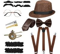 Set de Accesorios Disfraces Hombres 1920 Disfraz Gángster Retro Rugiente, Sombrero, Pajarita, Reloj Bolsillo, Tirantes, Gafas, Barba, Ligas para Brazalete, Clips de Corbata (Estilo Simple, Marrón)