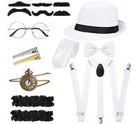 Set de Accesorios Disfraces Hombres 1920 Disfraz Gángster Retro Rugiente, Sombrero, Pajarita, Reloj Bolsillo, Tirantes, Gafas, Barba, Ligas para Brazalete, Clips de Corbata (Estilo Simple, Blanco)