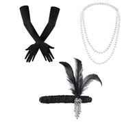 Set de accesorios Flapper años 20, set de 4 piezas para disfraz Gatsby con diadema con plumas, guantes y collar de perlas para mujer, para fiestas de los años 20, Halloween y Carnaval
