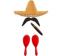 Set de Accesorios Mexicanos para Adultos - Sombrero Mexicano Naranja, Maracas Rojas, Cigarro Falso, Bigote - Set de Accesorios para Disfraz de Cinco de Mayo, Sensorita, Bandido, Mariachi