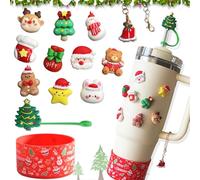 Set de accesorios navideños para Stanley, compble con vasos Stanley de 20/30/40 oz, compuesto por 1 tapa de pajita, 10 pegatinas 3D, 1 colgante de taza y 1 bota de siliocne Stanley (Rojo)