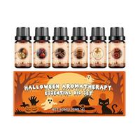 Set de Aceites Esenciales de Halloween - 6 frascos de aceites de aromaterapia caseros para crear fragancias festivas para el hogar, incluyendo Pastel de Calabaza, Manzana Caramelizada y más.
