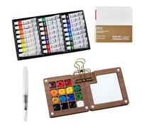 Set de Acuarela Mini, Paleta Portátil con 15 Cuadrículas - Estuche de Madera para Viajar, Kit de Viaje para Artistas con Papel de Acuarela, Pinceles, Clip & Cuaderno de Bocetos (24 Tintas Incluidas)