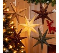 Set de adornos navideños de estrella 3D con agujero en forma de estrella de 5 piezas - 5 piezas de estrellas decorativas colgantes con luz LED, estilo rústico, borde dorado, para árbol de Navidad