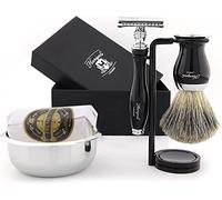 Set de afeitado clásico de 5 piezas con brocha de pelo de tejón, maquinilla de afeitar, soporte para maquinilla de afeitar, bol de acero inoxidable y jabón