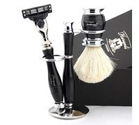 Set de afeitado clásico y rediseñado con navaja de afeitar compatible con Triple Edge, mango de lujo, cepillo de tejón blanco puro + trípode, juego completo para hombres