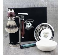 Set de afeitado de 5 piezas Premium Selection para hombres con punta plateada, brocha de afeitar y maquinilla de afeitar de doble soporte para bandeja de acero y jabón prémium Haryali London