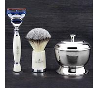 Set de afeitado prémium con triple filo, cepillo de pelo sintético, cuenco de afeitado de acero inoxidable.