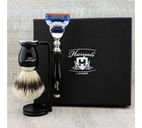 Set de afeitar Haryali London Luxury Black para hombre con maquinilla de afeitar compatible con 5 bordes, brocha de afeitar y soporte para afeitar