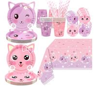 Set de artículos para fiesta de cumpleaños de gatitos, incluye platos, mantel, vasos y pajitas para la decoración de fiestas infantiles de gatitos, para 20 invitados