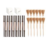 Set de artículos para fiesta de magos: lápiz con forma de escoba de bruja, lápiz con forma de varita mágica y F