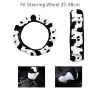 Set de auto de peluche en 3 piezas con diseño de vaca en blanco y negro: protección para volante suave, esponjosa y cálida, para cambio de marchas y freno de mano; antideslizante, transpirable