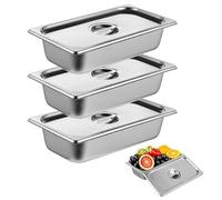 Set de bandejas para empanar 3 piezas, 32,5 x 17,5 x 6,5 cm, acero inoxidable GN 1/3, recipiente Gastronorm con tapa, bandeja de metal rectangular para rebozado, set de empanado para chuletas