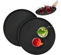 Set de Bandejas para Servir Camareros, Bar, Gastro, Redondas 40cm Ø, Gastronomía, Tabla Servir, Revestimiento Antideslizante Borde Alto (2X Color Negro)