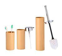 Set de Baño 3 Piezas Beige con Detalle Cromado - Conjunto Dispensador Jabón 400ml + Vaso Porta Cepillos 360ml + Escobillero WC - Estilo Moderno Minimalista - Resistente Acabado Mate