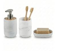 Set de Baño 3 Piezas, Dispensador de Jabón, Vaso y Jabonera, Serie Mármol | Resina blanca y bambú natural, bomba de zinc inoxidable, accesorios de aseo modernos y resistentes, imitación piedra
