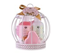 Set de baño Accentra ROMANTIC DREAMS en jaula, incluye gel, loción, bomba de baño, esponja red, regalo Navidad mujeres, aroma Rosa de Té y Terciopelo, rosa/oro