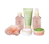 Set de Baño con 6Pzs en bolsa cosmética - Gel, Bruma, Loción, Crema de manos, Exfoliante y Puff 18x7x22cm