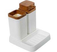 Set de baño con dosificador, Vaso y jabonera en acrilico Blanco y Natural 15x15x16 cm
