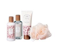 Set de Baño de 5 Piezas - Gel de Baño 100 ml, Loción Corporal 100 ml, Crema de Manos 70 ml, Puff 15 g y Bolsa Cosmética con Diseño Floral