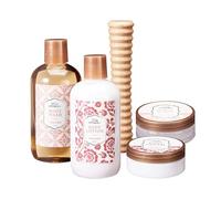 Set de Baño de 5 Pzs - Gel de baño, Loción corporal, Exfoliane y Crema para pies con Masajeador de madera